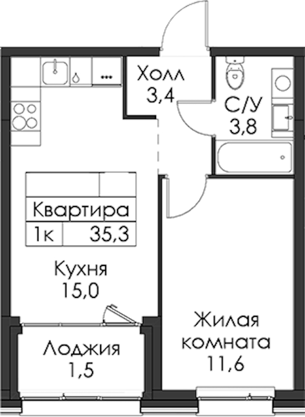 1-комнатная квартира 35.3 м², 5/8 эт., ЖК «Шкиперский 19»